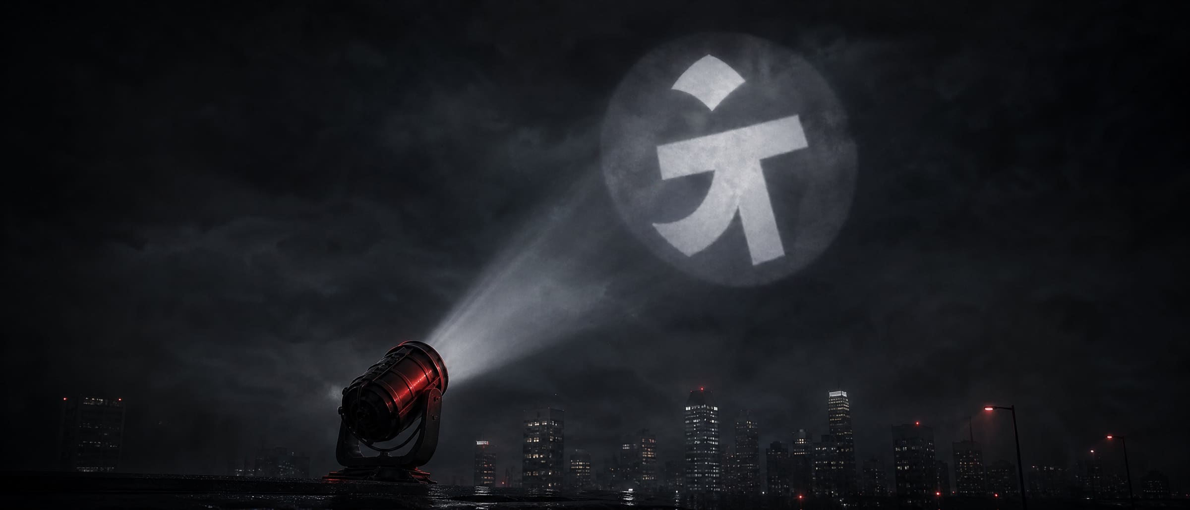 Città di notte: un proiettore rosso disegna il logo GrowTogether sulle nuvole