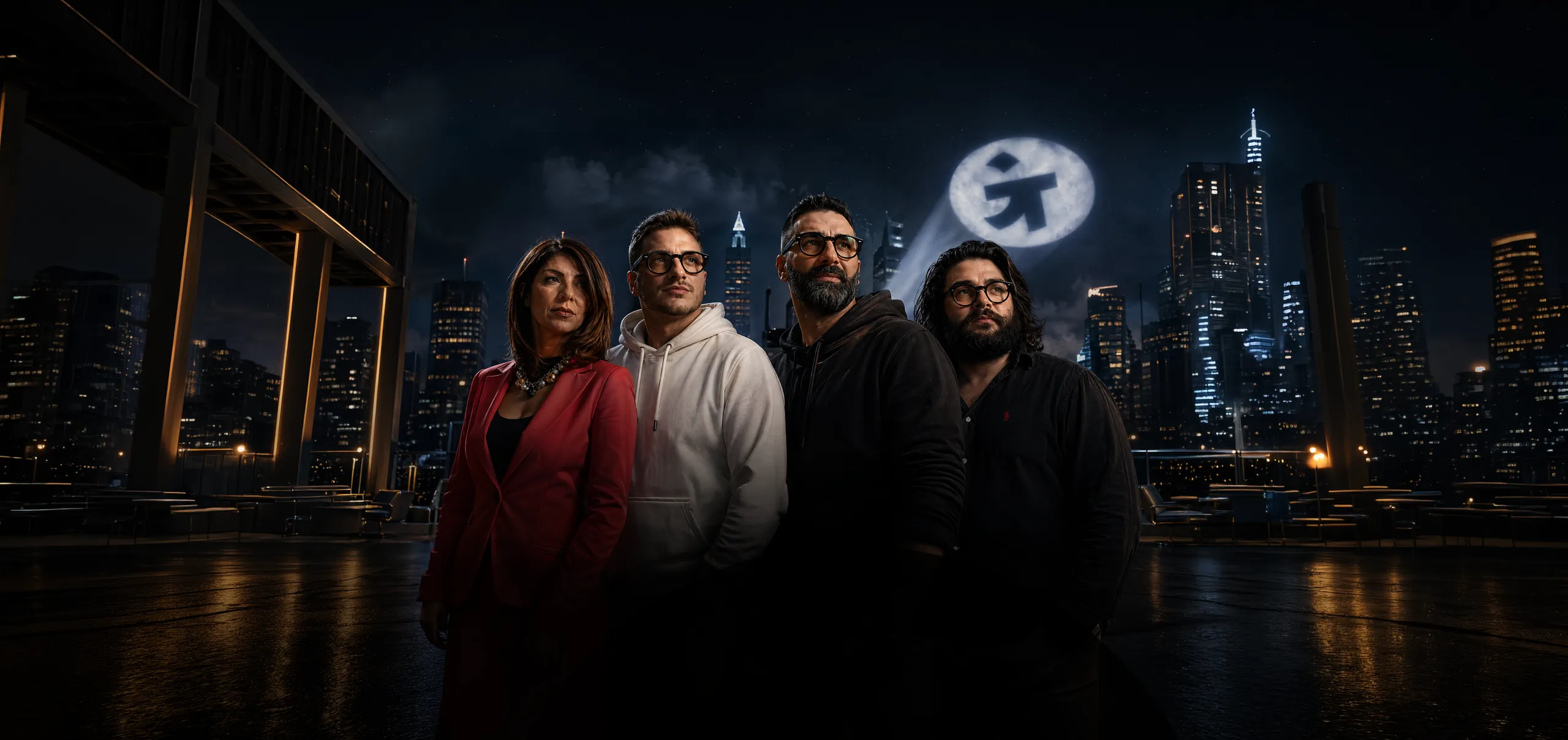 Il team GrowTogether su un rooftop notturno: il marchio è proiettato nel cielo sopra la città